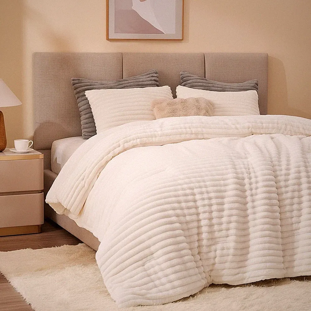 2" Solid Channel Luxury Faux Fur Comforter 3 Piece Queen Set