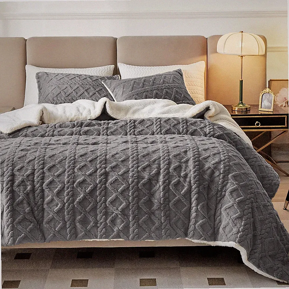 3-Piece Fluffy Faux Fur Sherpa Comforter Set Gray, Queen Size Luxury Tufted B...