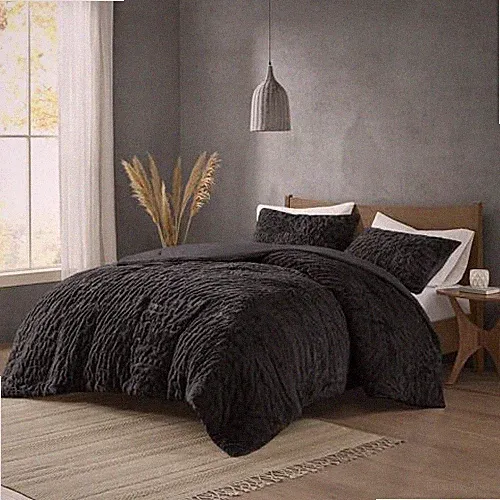 Blair Ruched Faux Fur Comforter Set - Luxurious Bed Cover King/Cal King Black