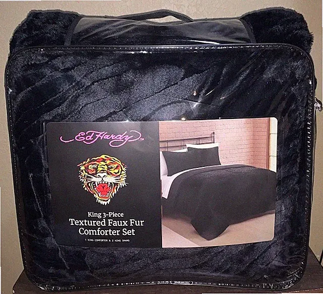Ed Hardy Black Tiger Stripes Textured Faux Fur 3pc KING Comforter & Shams Set