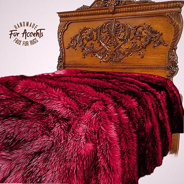 Faux Fur Bedspread Throw Blanket, Dark Red Huskie Fur, Minky Lining Handmade USA