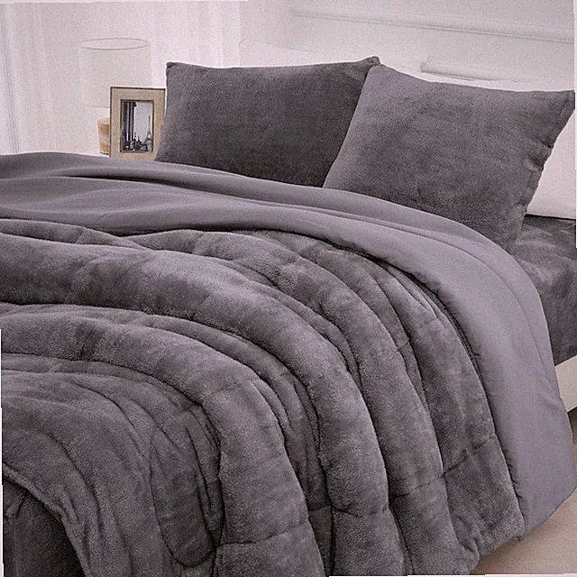 Faux Fur Comforter Set with Fitted Sheet - Luxury Ultra Soft Fluffy Fuzzy Queen