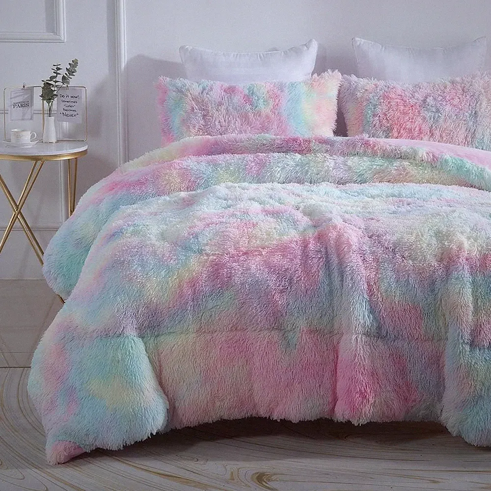 Faux Fur Plush Rainbow Comforter Set Fluffy Fuzzy Shaggy Bedding Set - 3PC Full