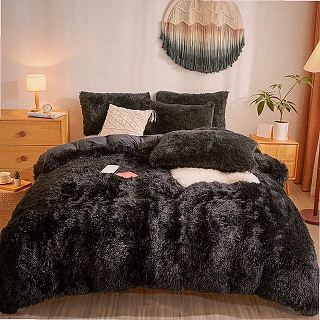 Fluffy Faux Fur Black Comforter Cover Queen Set – Plush Fluffy Black Bedding 3-P