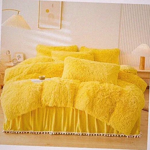 Fluffy Faux Fur Comforter Cover Set，Fluffy Fuzzy Plush Bedding Queen Yellow