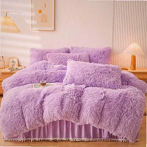 Fluffy Faux Fur Comforter Cover Set，Fluffy Fuzzy Plush Lilac Queen Lavender