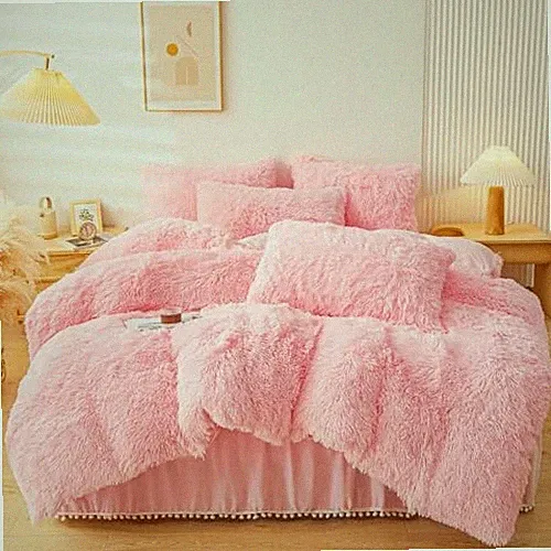 Fluffy Faux Fur Comforter Cover Set，Fluffy Plush Bedding 4Pcs (1 Queen Pink