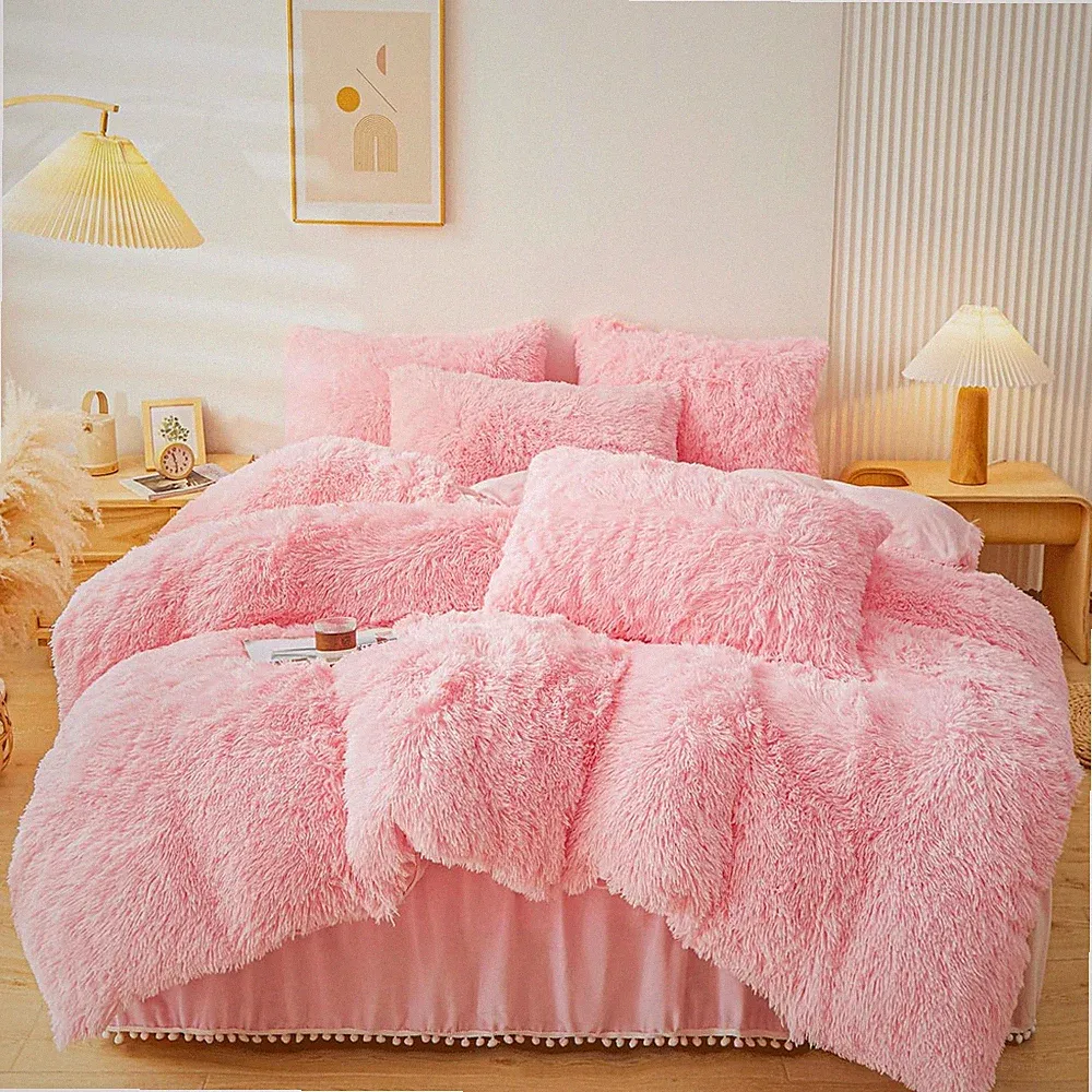 Fluffy Pink Faux Fur Queen Comforter Set with Pillowcases and Bed Skirt