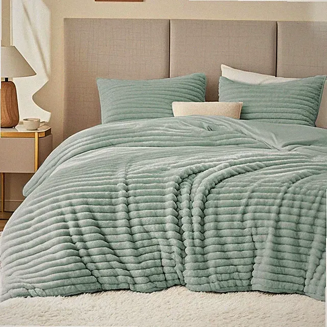 Frye 2" Solid Channel Luxury Faux Fur Comforter 3 Piece Queen Set, Reversible