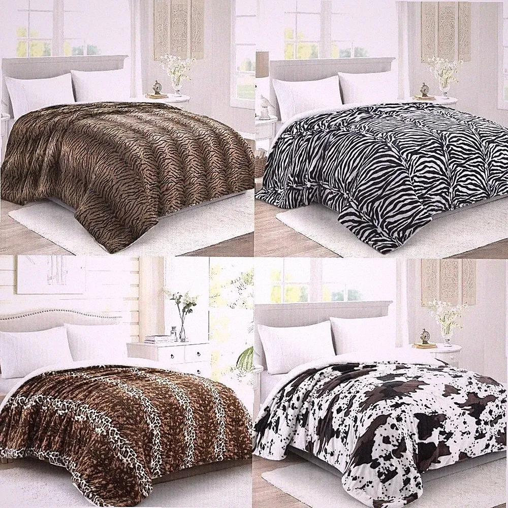 HST Soft Warm Thick Faux Fur with Sherpa Back Bed Blanket Queen Animal Print