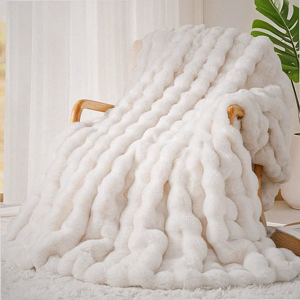 Luxury 1000GSM Faux Rabbit Fur Throw Blanket, Super Heavy Warm Cozy Blankets for