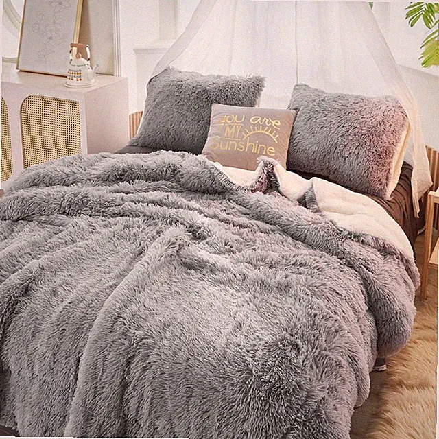 Luxury Faux Fur King Size Winter Comforter Set Shaggy Velvet Gray Long Hair,...