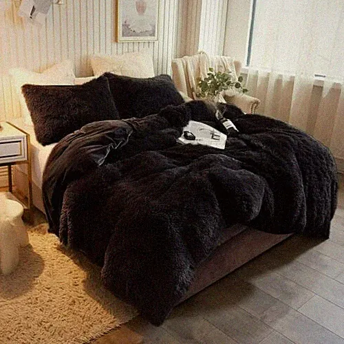 NEW! ~ ULTRA SOFT COZY & FLUFFY PLUSH LUXURY BLACK FAUX SHAGGY FUR COMFORTER SET
