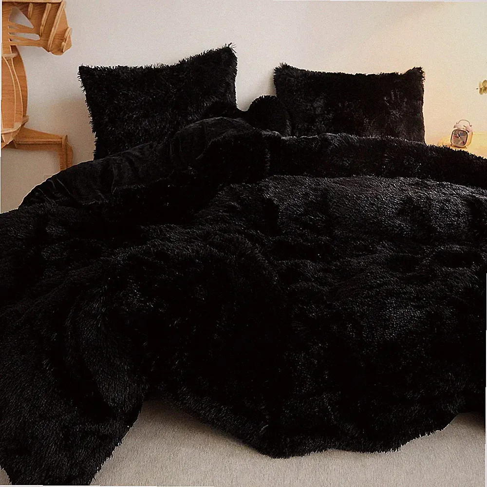 NEW! ~ ULTRA SOFT PLUSH BLACK FAUX LONG SHAGGY FUR LUXURY MODERN COMFORTER SET