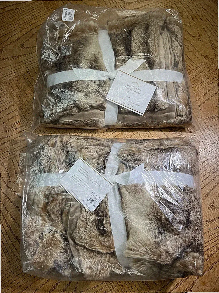 Pottery Barn Two (2) Faux Fur Carmel Ombre Shams Stone Brown NWT Cozy 26x26