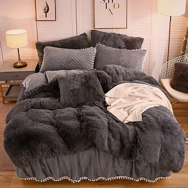 Queen Dark Gray Plush Faux Fur Duvet Cover Set with Pom Pom Pillowcases