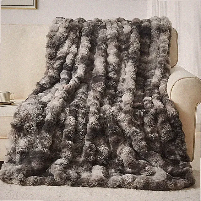 Queen Size Faux Fur Blanket Tie-Dye Dark Gray Big Bubble Rabbit Fluff for Bed
