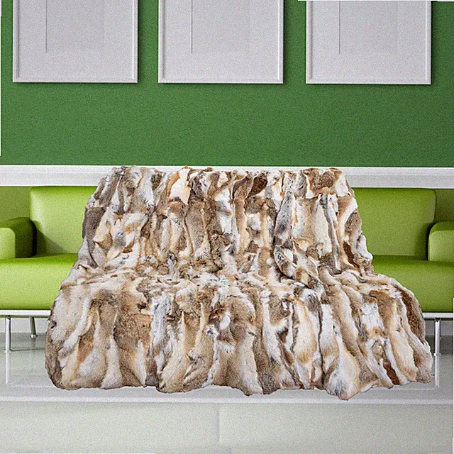 Real Rabbit Fur Throw Luxury Blanket Sofa Warm Bedspread Natural Yellow 86x88in
