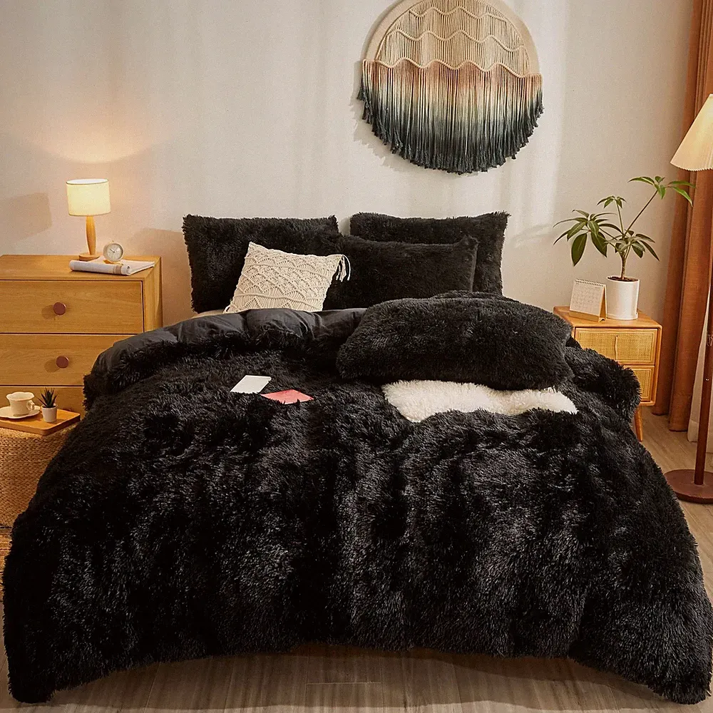 Shaggy Duvet Cover 5 Set, Fluffy Faux Fur Comforter Set Queen Full/Queen Black
