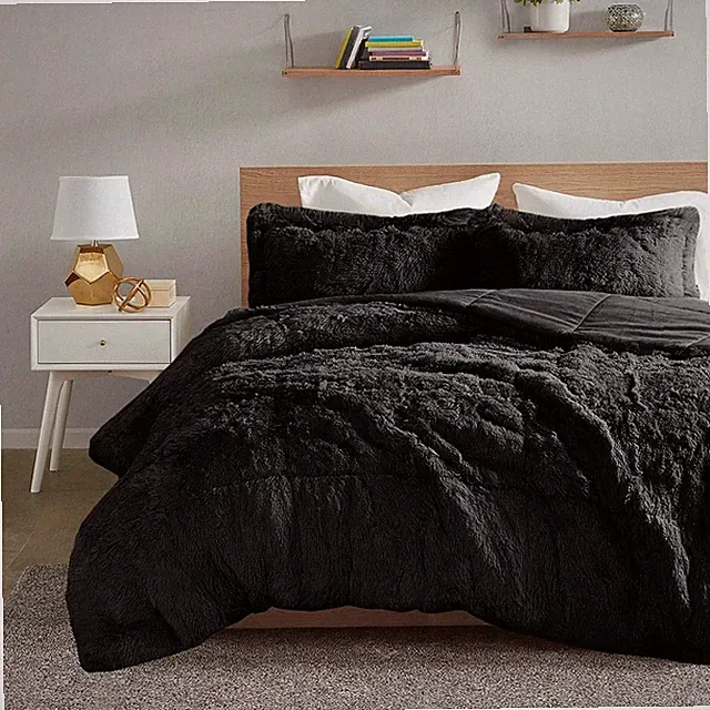 ULTRA SOFT PLUSH * Black * FAUX FUR COMFORTER SET : SHAGGY BEAR HUG BEDDING