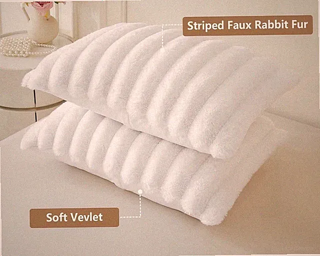 White Faux Rabbit Fur King Pillowcase Set Mego New